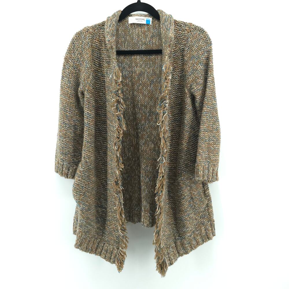 Sparrow Small Brown Marled LinenWool Cowl Neck Open Front Pocket Fringe Cardigan